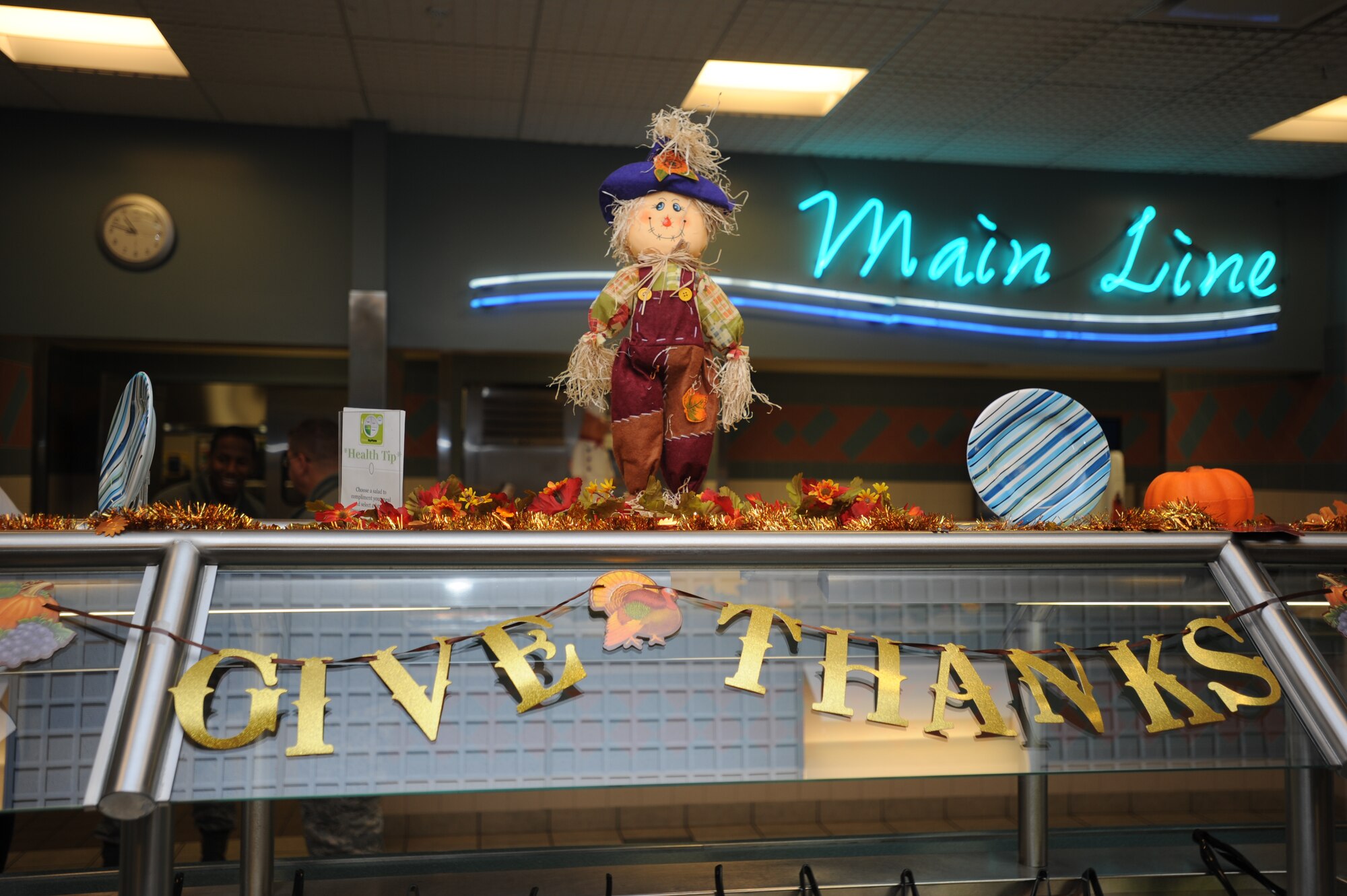 Thanksgiving decorations add a festive atmosphere to the Riptide Dining Facility during a Thanksgiving meal at Hurlburt Field, Fla., Nov. 28, 2013. Riptide patrons walked through the facility picking some of their favorite Thanksgiving delicacies while senior officials served them drinks and food.  (U.S. Air Force photo/Senior Airman Kentavist P. Brackin)