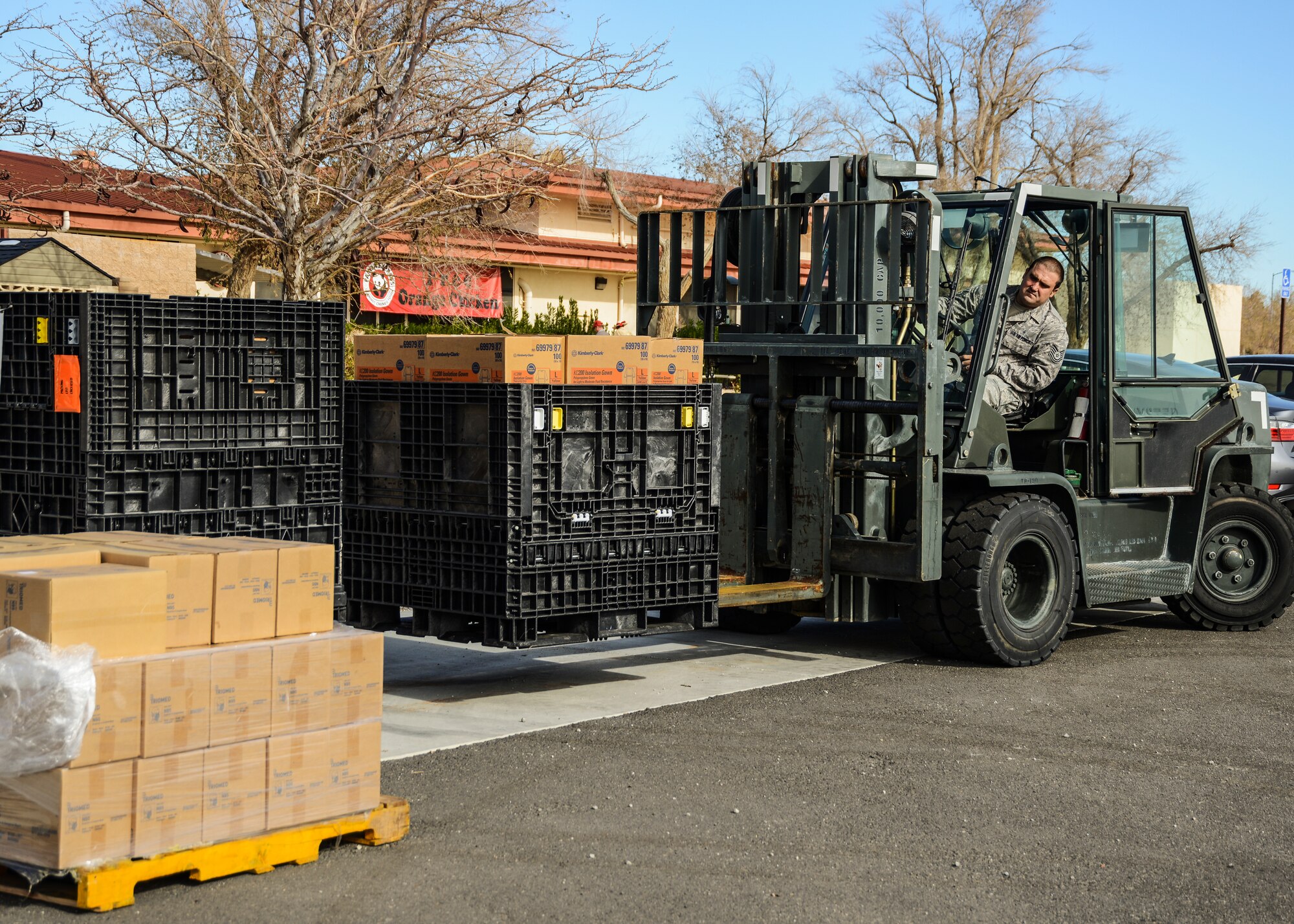 The 412th Logistics Readiness Squadron delivered empty crates to the Oasis Community Center to simulate the time needed to deliver vaccinations during smallpox outbreak. (U.S. Air Force photo by Rebecca Amber)