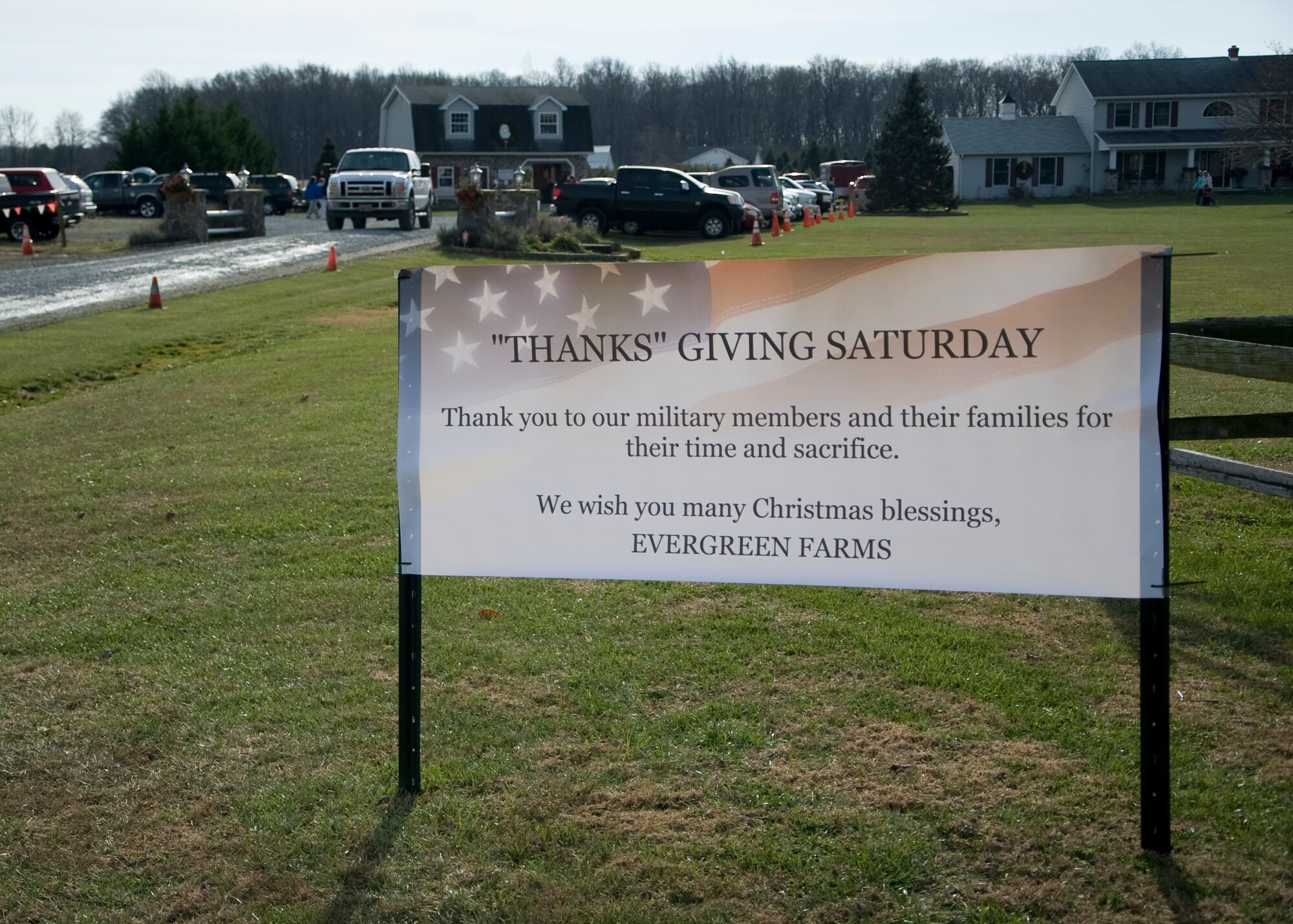 A sign welcomes wounded warriors and their families Nov. 30, 2013, at Evergreen Farms in Dover, Del.  The farm is operated by Kevin and Diane Penelli who wanted to help military families in need for the freedoms they fought. (U.S. Air Force photo/Senior Airman Jared Duhon)