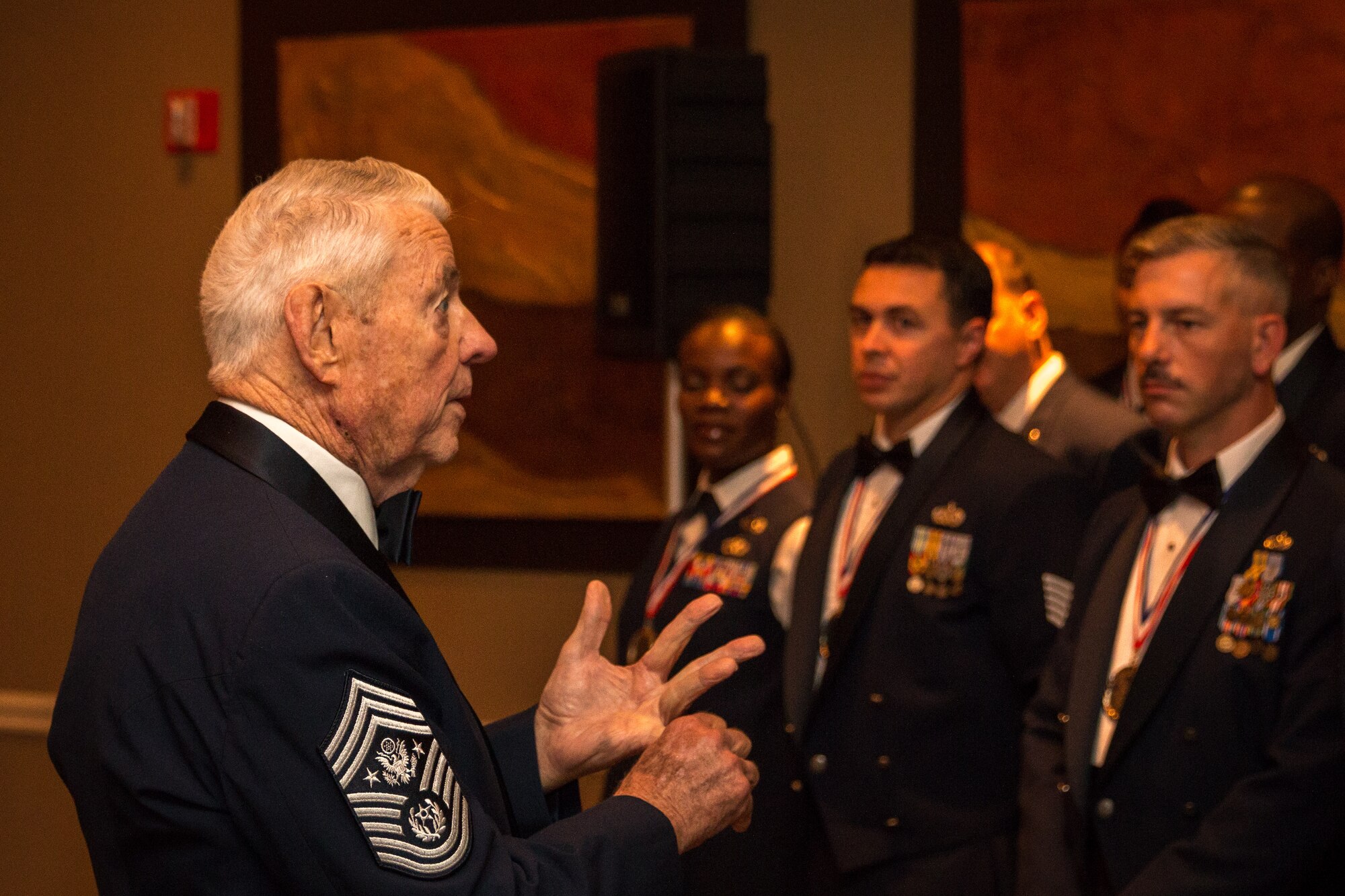 Chief Master Sgt. of the Air Force (ret.) Robert Gaylor speaks to the group of newly promoted Senior NCOs at their induction ceremony at Maxwell Air Force Base, Nov. 22. The seminar is designed to harness the leadership tools they've learned thus far in their Air Force careers so they can then help others advance in their careers. (U.S. Air Force photo by Staff Sgt. Christopher Morgan)