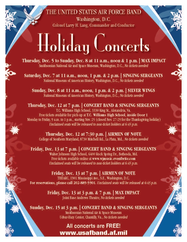 The United States Air Force Band is slated to play a series of free holiday concerts throughout the National Capitol Region this yuletide season. (U.S. Air Force graphic)