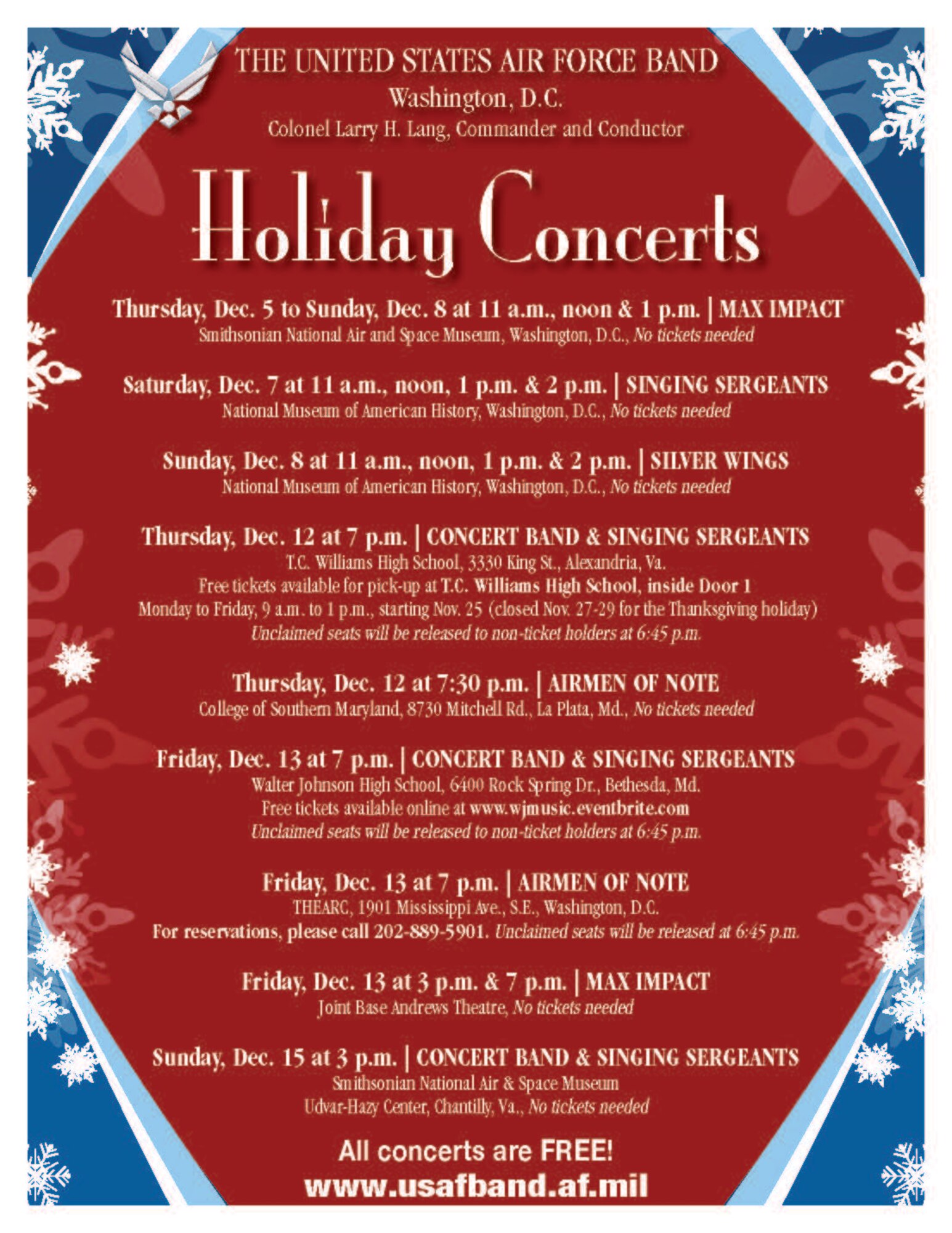 The United States Air Force Band is slated to play a series of free holiday concerts throughout the National Capitol Region this yuletide season. (U.S. Air Force graphic)
