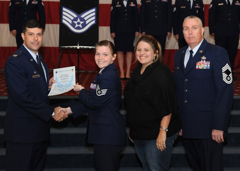 Staff Sgt. Rachael Vina, 2nd Civil Engineer Squadron, receives a certificate of promotion from Col. Andrew Gebara, 2nd Bomb Wing commander, and Chief Master Sgt. Beau Markin, 2nd Maintenance Group, during the November Wing Promotion Ceremony on Barksdale Air Force Base, La., Nov. 27, 2013. (U.S. Air Force photo/Senior Airman Joseph A. Pagán Jr.)