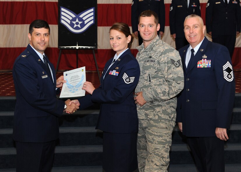 Staff Sgt. Marcella Phillips, 2nd Aircraft Maintenance Squadron, receives a certificate of promotion from Col. Andrew Gebara, 2nd Bomb Wing commander, and Chief Master Sgt. Beau Markin, 2nd Maintenance Group, during the November Wing Promotion Ceremony on Barksdale Air Force Base, La., Nov. 27, 2013. (U.S. Air Force photo/Senior Airman Joseph A. Pagán Jr.)