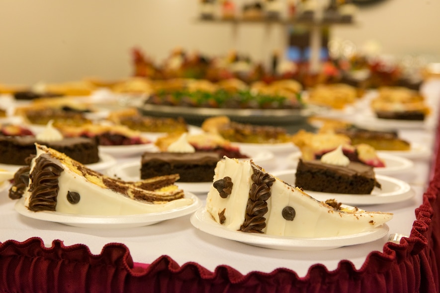 Cake, brownies and other treats sit on a table during a Thanksgiving meal at the Georgia Pines Dining Facility, Moody Air Force Base, Ga., Nov. 28, 2013. Georgia Pines welcomes Airmen, retirees and families to a Thanksgiving meal each year. (U.S. Air Force photo by Airman 1st Class Ryan Callaghan/Released)
