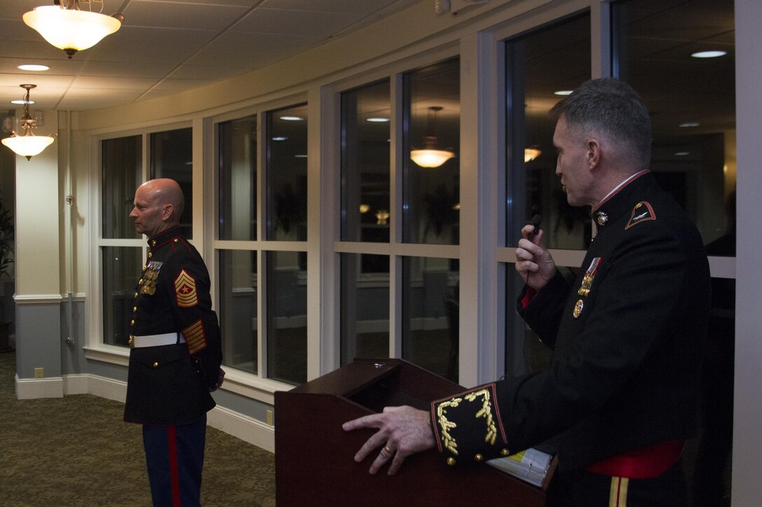 Col. William J. Bowers, Commanding Officer of the 6th Marine Corps District, introduces the 6th MCD Sgt. Maj., Sgt. Maj. James Thetford, during the 6th MCD Marine Corps Ball, at Traditions aboard Parris Island, S.C., Nov. 8, 2013. Thetford, the guest of honor for the 6th MCD Marine Corps Ball, has over 30 years of service in the Marine Corps and spoke about every Marines commitment to the Corps’ values. (Official Marine Corps photo of Lance Cpl. John-Paul Imbody)