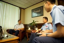 Lt. Gen. Ted Kresge, Pacific Air Forces vice commander, hosted Maj. Gen. Won In-Choul, Vice Commander of Operations, Republic of Korea Air Force, during an office call Dec. 2, 2013, at PACAF Headquarters, Joint Base Pearl Harbor-Hickam, Hawaii. This visit was an opportunity for Won and Kresge to discuss security cooperation and interoperability between the U.S. Air Force and ROKAF. (U.S. Air Force photo by Staff Sgt. Matthew S. Bright)