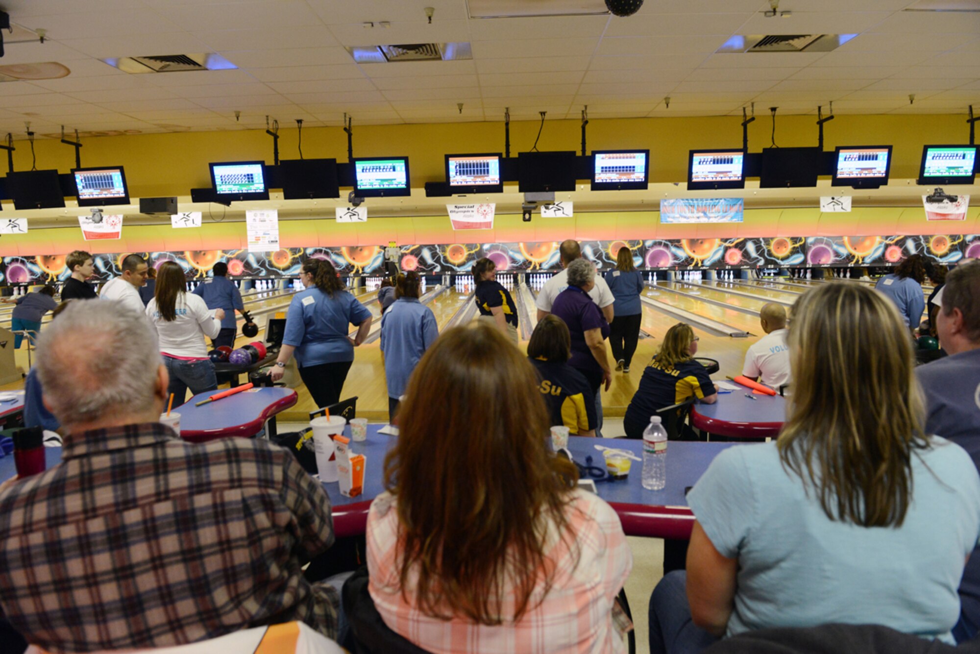 JOINT BASE ELMENDORF-RICHARDSON, Alaska -- Family and friends of Special Olympics athletes observe the Special Olympics Bowling Tournament at the Joint Base Elmendorf-Richardson Polar Bowl Nov. 23. Participants have come from different portions of Alaska to qualify for more competitions. (U.S. Air Force photo/Airman 1st Class Ty-Rico Lea)