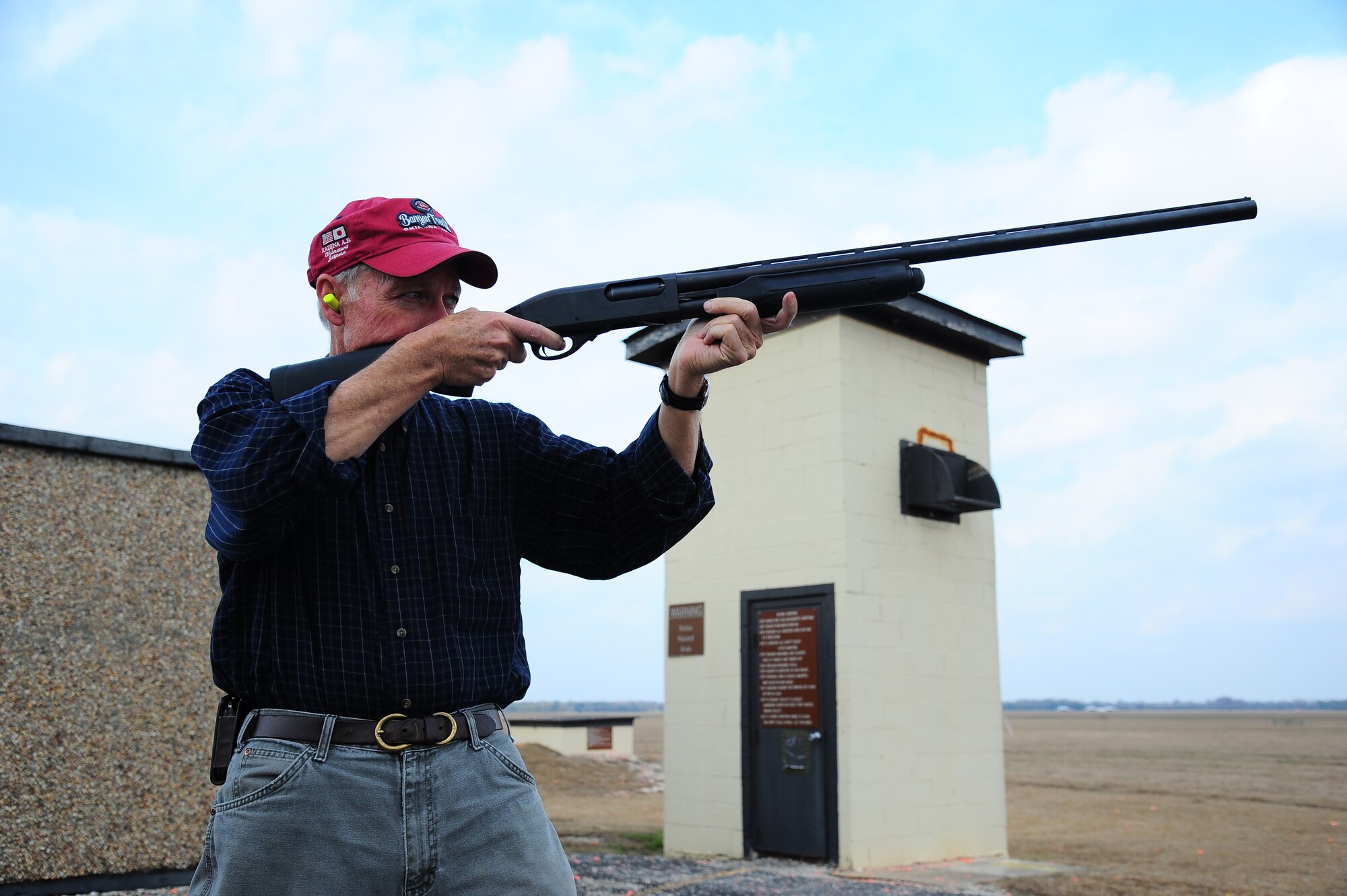 Rob Wilburn, Director of Outdoor Recreation and 14th Force Support Squadron Flight Chief of Community Support, aims a 12-guage shotgun at his target Dec. 4 at the Skeet Range on Columbus Air Force Base. Being at Columbus AFB, there are multiple shooting ranges available to Airmen in the area. One of the most convenient and cheapest options is a skeet range located right on base. (U.S. Air Force Photo/Airman 1st Class Daniel Lile)