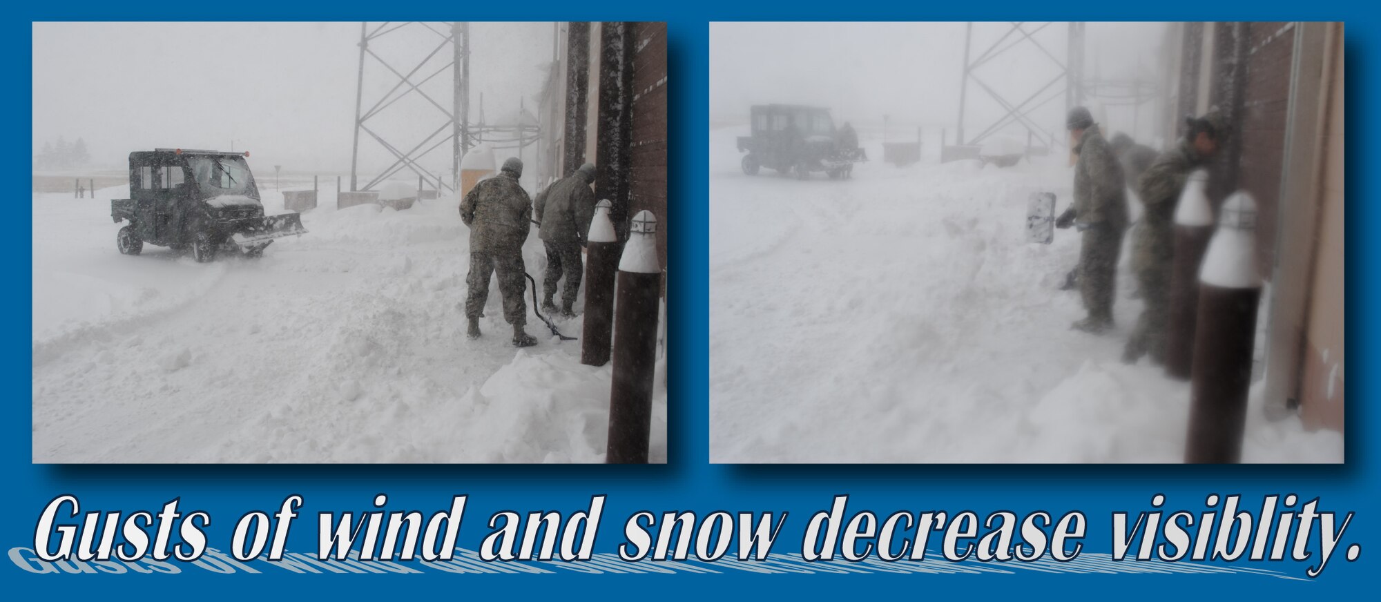 Gusts of wind and snow decreased visibility for Airmen from the 319th Communications Squadron clearing the garage doors to the vehicle bay, at the 319th CS headquarters building at Grand Forks Air Force Base, N.D., Dec. 4, 2013. More than six inches of snow have fallen on the installation during the first four days of December. (U.S. Air Force photos/Staff Sgt. Luis Loza Gutierrez) 
 
