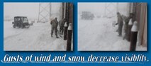 Gusts of wind and snow decreased visibility for Airmen from the 319th Communications Squadron clearing the garage doors to the vehicle bay, at the 319th CS headquarters building at Grand Forks Air Force Base, N.D., Dec. 4, 2013. More than six inches of snow have fallen on the installation during the first four days of December. (U.S. Air Force photos/Staff Sgt. Luis Loza Gutierrez) 
 
