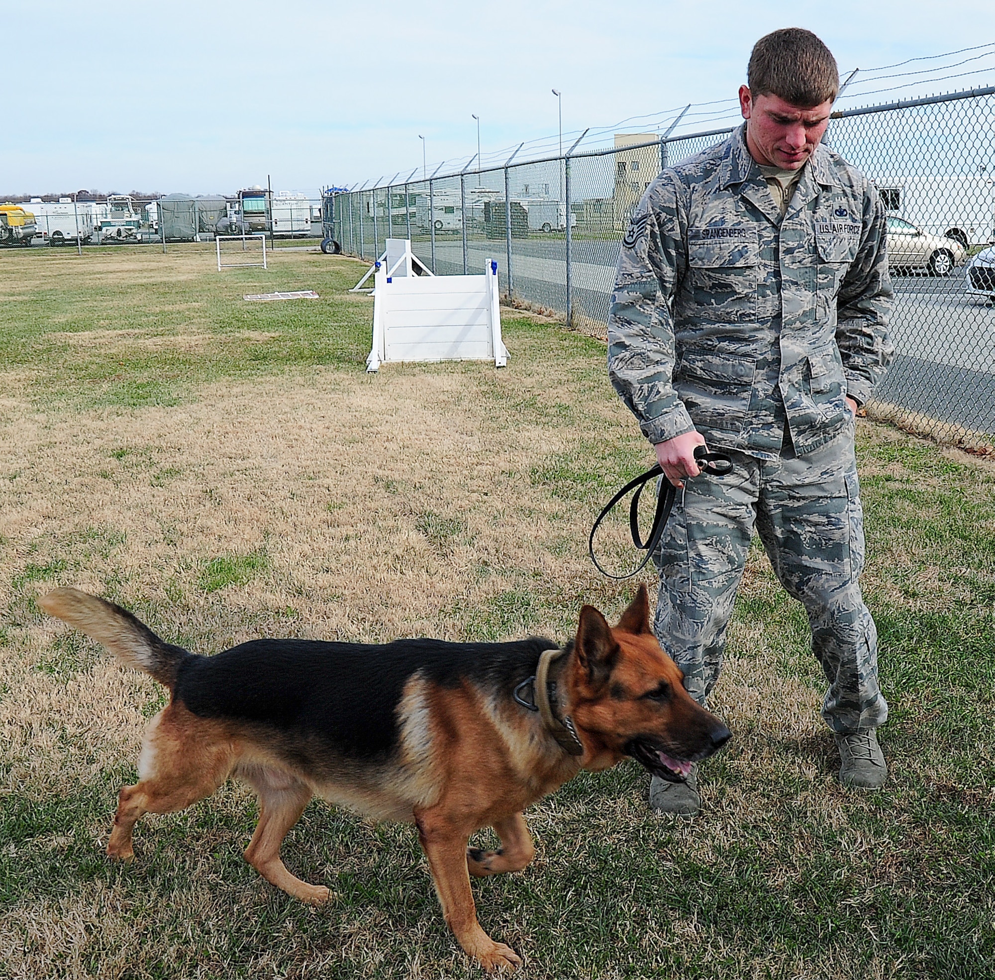 Staff Sgt. Jason Spangenberg, 436th Security Forces Squadron military working dog handler, patrols with his dog, Rico, Nov. 30, 2013, at Dover Air Force Base, Del. Spangenberg was named Air Mobility Command's winner of the Colonel Billy Jack Carter Award. (U.S. Air Force photo/Airman 1st Class Ashlin Federick)