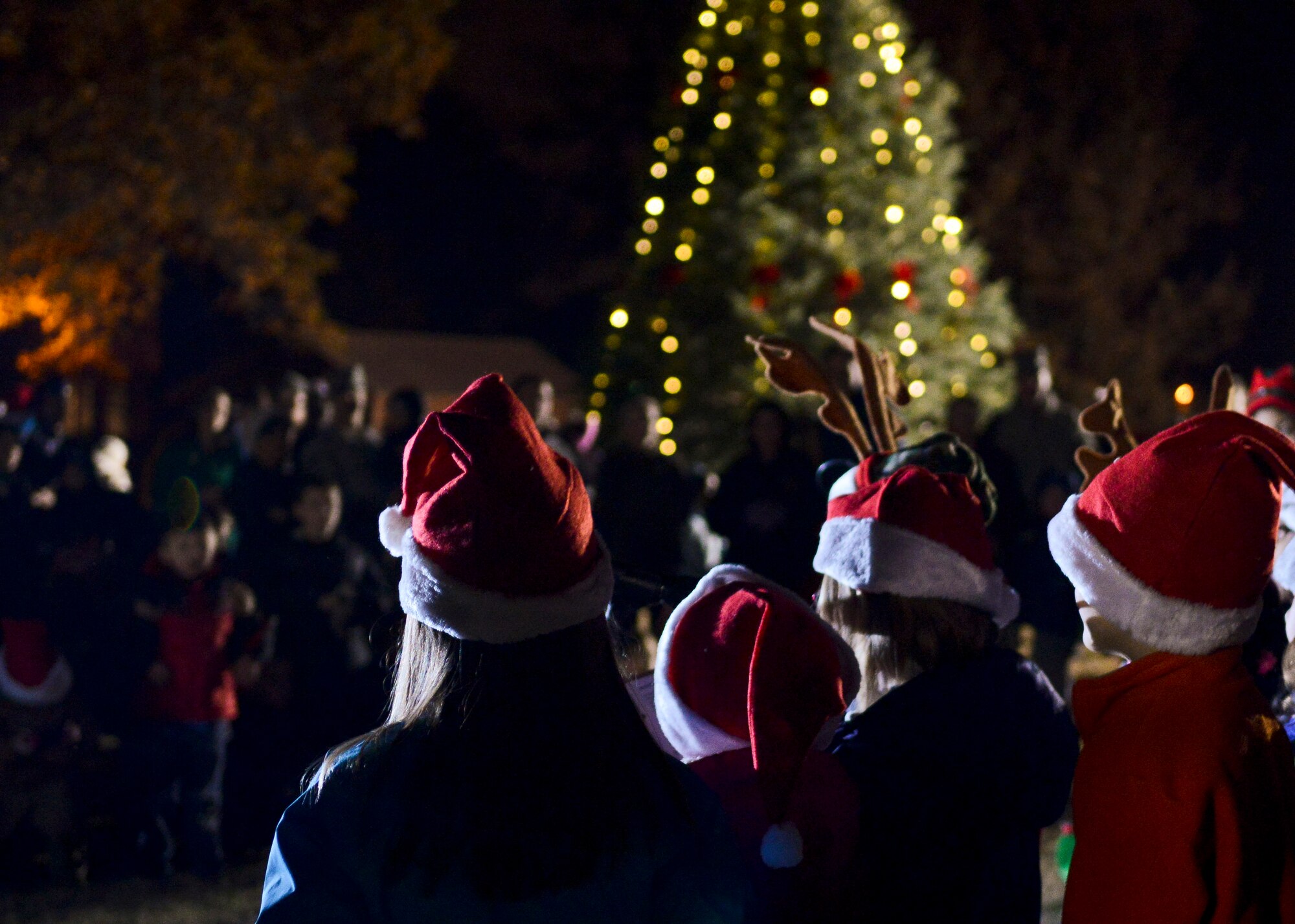 Children from the Bethel Manor Chapel Protestant Youth Choir sing to the crowd during the Christmas tree lighting ceremony at Langley Air Force Base, Va., Dec. 3, 2013. This year marked the 46th year of the annual holiday tradition, which was held on the chapel lawn. (U.S. Air Force photo by Airman 1st Class Victoria H. Taylor/ Released)