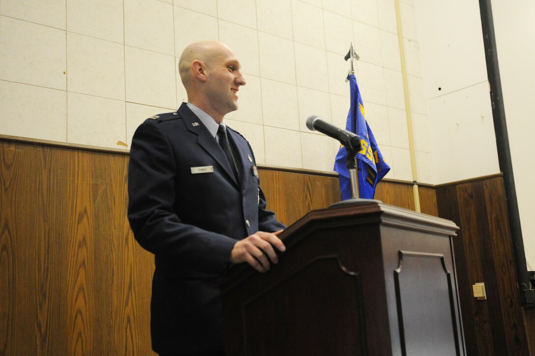 Capt. Charles Tenney, 11th Security Support Squadron commander, speaks at the assumption of command ceremony of the 11th SSPTS at Joint Base Andrews, Md., Dec. 3, 2013. This new squadron will serve administrative security functions such as operating the visitor’s center and active shooter response training for other squadrons. (U.S. Air Force photo/Airman 1st Class Joshua R. M. Dewberry)