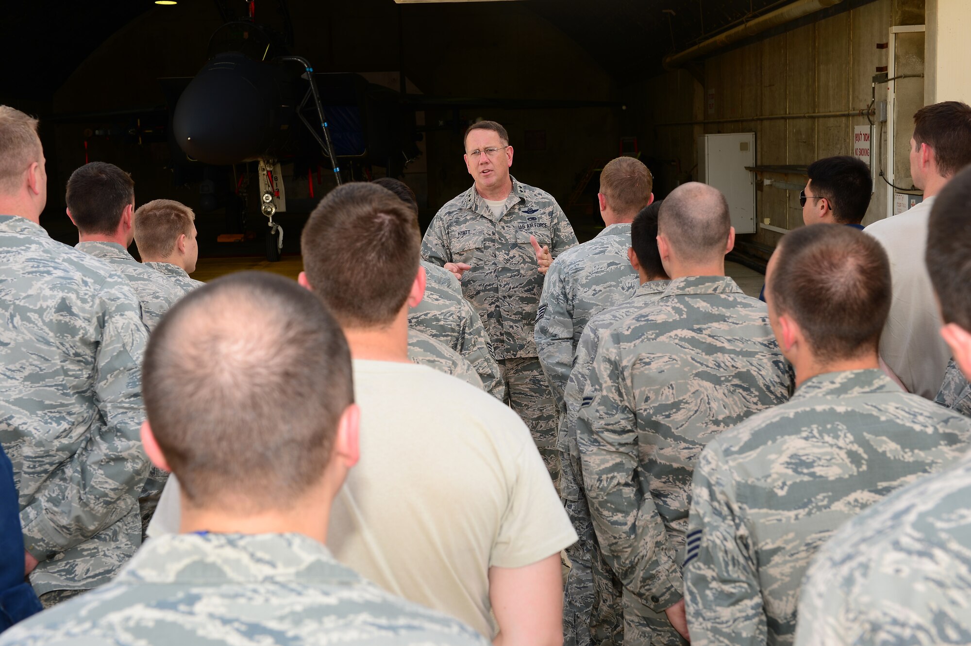 Maj. Gen. James Hyatt, U.S. Air Forces in Europe and Air Forces Africa director of operations, strategic deterrence and nuclear integration, talks with Airmen from Royal Air Force Lakenheath, England, during a visit to Uvda Air Force Base, Israel,  Nov. 25, 2013. Hyatt visited Blue Flag during a multinational aerial warfare exercise hosted by Israel promoting improved operational capability, combat effectiveness, understanding and cooperation between the U.S., Israel, Greece and Italy.  (U.S. Air Force photo by Master Sgt. Lee Osberry/Released)