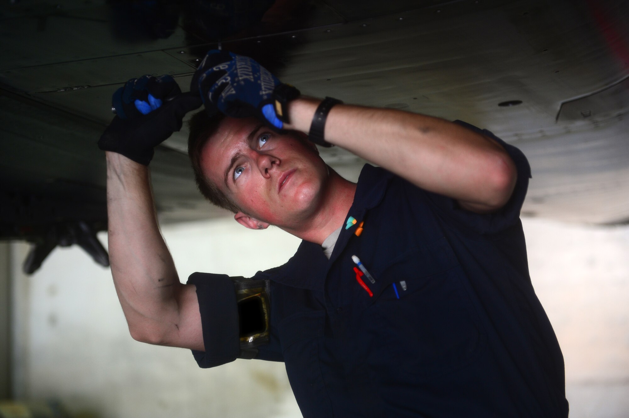 Airman 1st Class Colby Dean, 48th Aircraft Maintenance Squadron crew chief, conducts an inspection on an F-15E Strike Eagle in preparation for Blue Flag exercise at Uvda Air Force Base, Israel, Nov. 19, 2013. The exercise was conducted Nov. 24-28 to help strengthen the relationships between the nations, while ensuring regional peace and stability.  (U.S. Air Force photo by Master Sgt. Lee Osberry/Released)