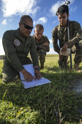 Staff Sgt. Joaquin Moreno, left, identifies areas he wants Lance Cpls. Ryan Gamino, middle, Johnny Gomez to calculate needed points for M-31 Marine Corps Expeditionary Arresting Gear System as they began setup surveyor lining spots along Tinian’s West Field runway Nov. 22 during exercise Forager Fury II. The joint exercise is designed to employ and assess combat power generation in a deployed and austere environment. Moreno is the expeditionary airfield staff noncommissioned officer in charge with Marine Wing Support Squadron 171, Marine Aircraft Group 12, 1st Marine Aircraft Wing, III Marine Expeditionary Force. Gomez and Gamino are combat engineer drafting and surveyors with MWSS-171.