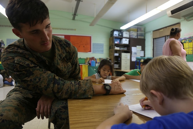 Lance Cpl. Michael Bridenstine helps a group of first graders with their writing skills at Tinian Elementary School during a community relations event Dec. 4. The servicemembers are on Tinian as part of Exercise Forager Fury II. The purpose of FF II is to employ and assess combat power generation and operations in a deployed, austere and unimproved environment.  The service members volunteered time out of their daily routine to spend time with the children, interact and play games. Bridenstine is a chemical biological radiological nuclear defense specialist with Marine Wing Support Squadron 171, Marine Aircraft Group 12, 1st Marine Aircraft Wing, III Marine Expeditionary Force.

