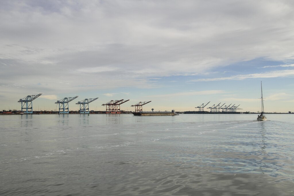 Cranes at the Virginia Port Authority's Norfolk International Terminal here stand at the ready to off-load and onload cargo ships.  