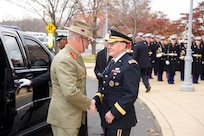 18th Chairman of the Joint Chiefs of Staff Gen. Martin E. Dempsey greets Austrian Chief of the Defense Force Gen. David Hurley at National Defense University's Marshall Hall on Fort Lesley J. McNair in Washington D.C., Nov. 21, 2013. DoD photo by Staff Sgt. Sean K. Harp