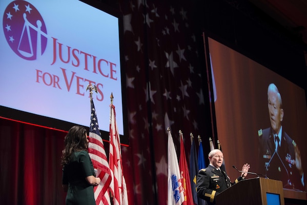 18th Chairman of the Joint Chiefs of Staff Gen. Martin E. Dempsey answers a question from an audience member at the Justice For Vets conference in Washington D.C., Dec. 4, 2013. Justice For Vets is a professional services division of the National Association of Drug Court professionals, a 501(c)3 non-profit organization based in Alexandria, VA. Justice for Vets believes that no veteran or military service member should suffer from gaps in service, or the judicial system when they return to their communities. As the stewards of the Veterans Treatment Court movement, we keep veterans out of jail and connect them to the benefits and treatment they have earned; saving their lives, families, and futures, and saving tax dollars for the American public. DoD photo by Staff Sgt. Sean K. Harp