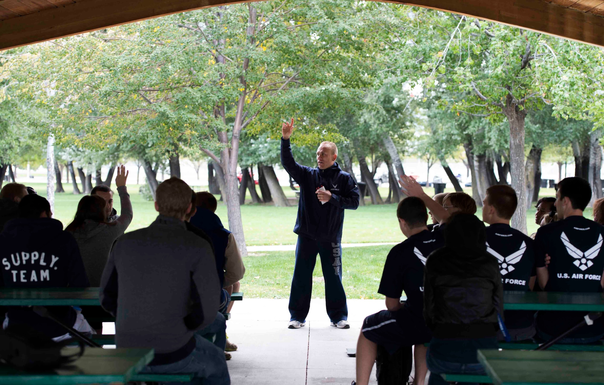 Tech. Sgt. Michael Lundell meets with the delayed entry program candidates for a monthly check in and an Air Force lesson Oct. 3, 2013, in West Valley, Utah. Lundell grew up in Utah County, Utah and joined the Air Force in August 2003 as an aircrew life support airman. He was selected for recruiting and lives back in Utah for a four year assignment. Lundell is part of the 368th Recruiting Squadron. (U.S. Air Force photo/Senior Airman Tiffany DeNault)
