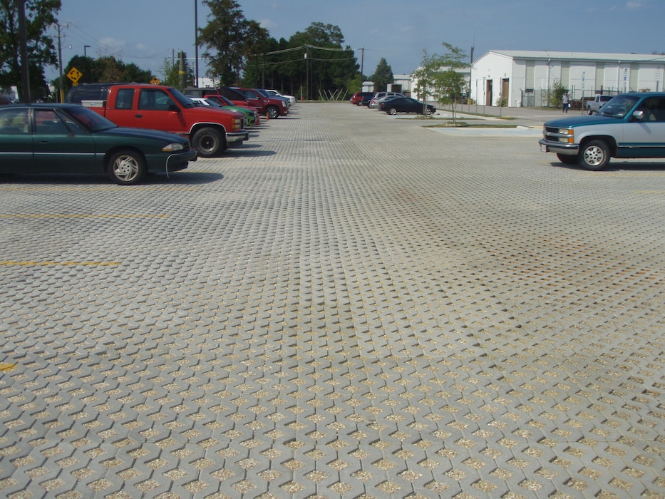 Permeable pavers in parking lot at Fort Lee, Virginia.