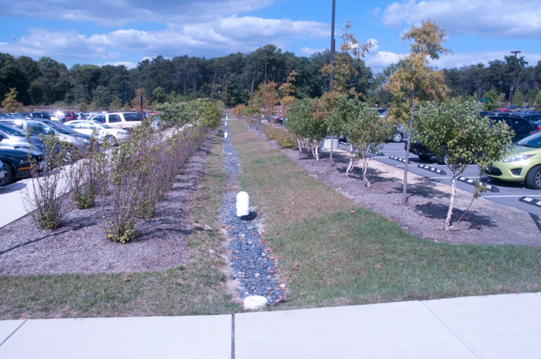 Infiltration trench in parking lot at Fort Meade, Maryland.