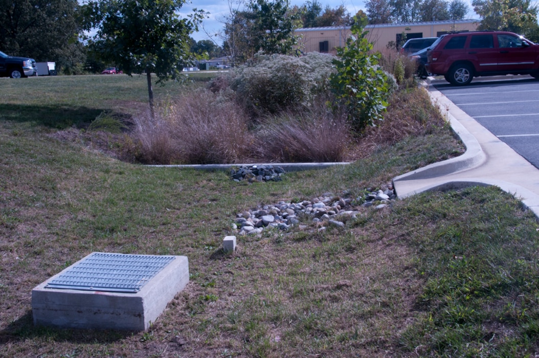 Bioretention with forebay and overflow inlet in parking lot at Fort Meade, Maryland.