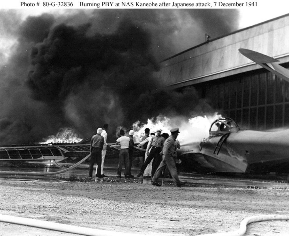 PBY patrol bomber burns at Naval Air Station Kaneohe, Oahu, during the Japanese attack at Pearl Harbor on Dec. 7, 1941. Dec. 7, is the 72nd anniversary of the attack.
