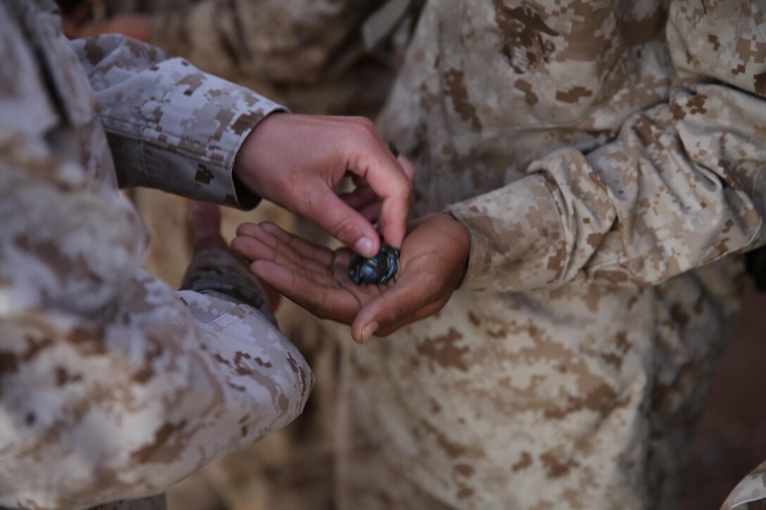 A new Marine of Company B, 1st Recruit Training Battalion, is given his eagle, globe, and anchor during the Eagle, Globe, and Anchor
ceremony at Edson Range aboard Marine Corps Base Camp Pendleton, Calif, Oct. 31. Being given the Marine Corps emblem
signifies that a recruit has completed the transformation and has earned the title Marine.