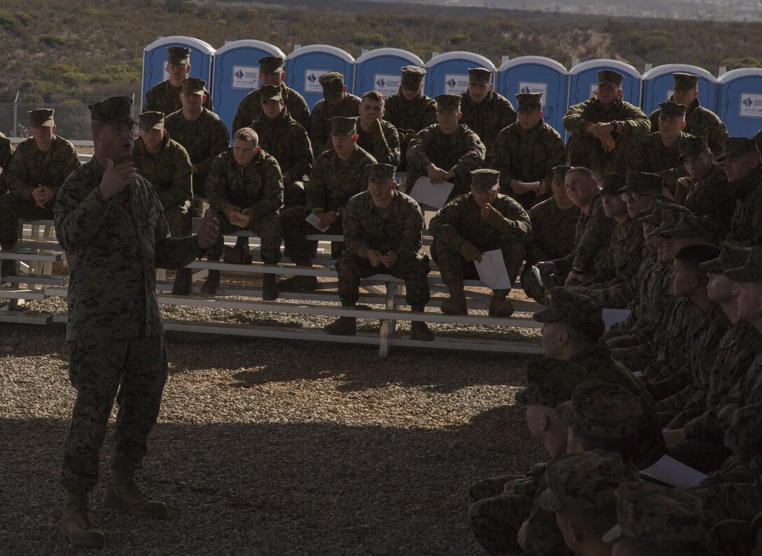 Sgt. Maj. Brandon Hall, sergeant major of Marine Aviation Logistics Squadron 11, speaks to newly promoted corporals at the Corporals Committed and Engaged Leadership Indoctrination aboard Marine Corps Air Station Miramar, Calif., Dec. 4. The corporals indoctrination is a new course to provide newly promoted noncommissioned officers with leadership techniques. 