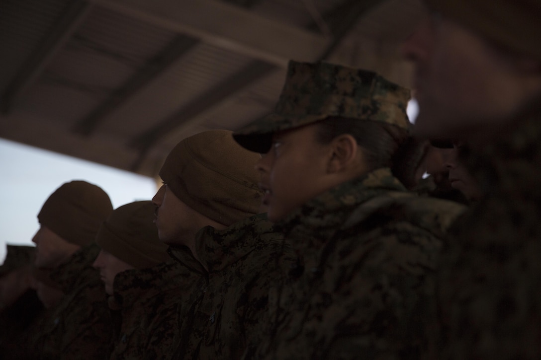 Newly promoted corporals listen to a speaker during the Corporals Committed and Engaged Leadership Indoctrination aboard Marine Corps Air Station Miramar, Calif., Dec. 4. Some topics covered during the course were leadership techniques, core values and ethics.