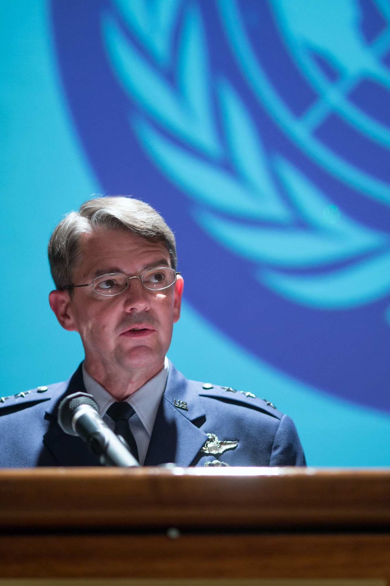 U.S. Air Force Lt. Gen. Jan-Marc Jouas, United Nations Command Korea, deputy commander, U.S. Forces Korea, deputy commander, Air Component Commander, Republic of Korea/U.S. Combined Forces Command, commander, 7th Air Force, commander, addresses the ceremony attendees, during the 68th Anniversary of the United Nations, Nov. 26, 2013 at New Sanno Hotel. (U.S. Air Force photo by Osakabe Yasuo/Relaeased)