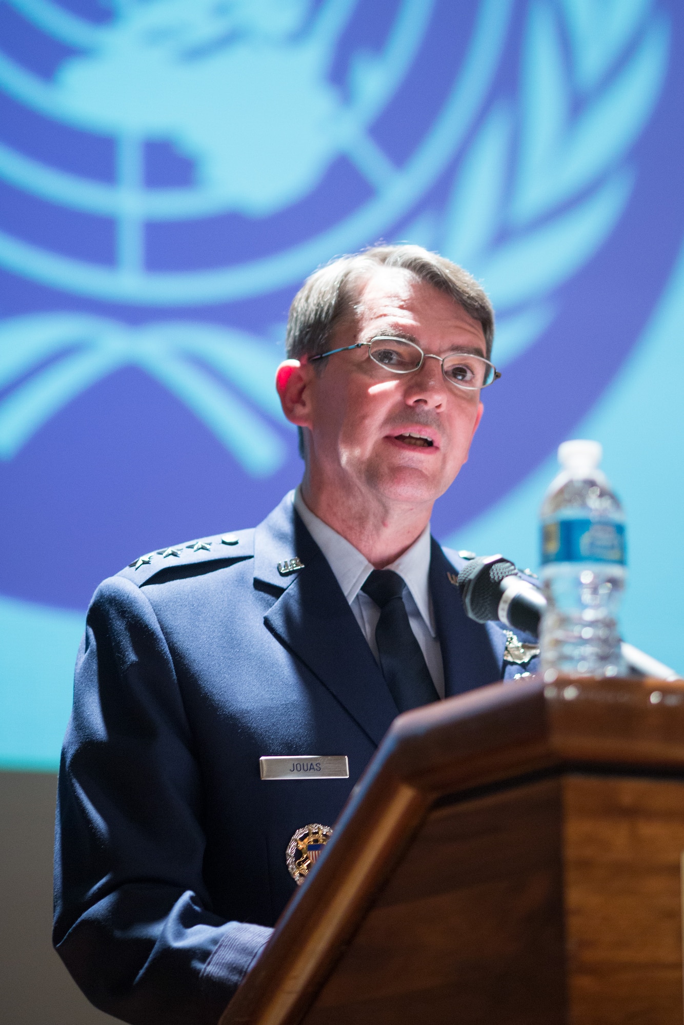 U.S. Air Force Lt. Gen. Jan-Marc Jouas, United Nations Command Korea, deputy commander, U.S. Forces Korea, deputy commander, Air Component Commander, Republic of Korea/U.S. Combined Forces Command, commander, 7th Air Force, commander, addresses the ceremony attendees, during the 68th Anniversary of the United Nations, Nov. 26, 2013 at New Sanno Hotel. (U.S. Air Force photo by Osakabe Yasuo/Released)
