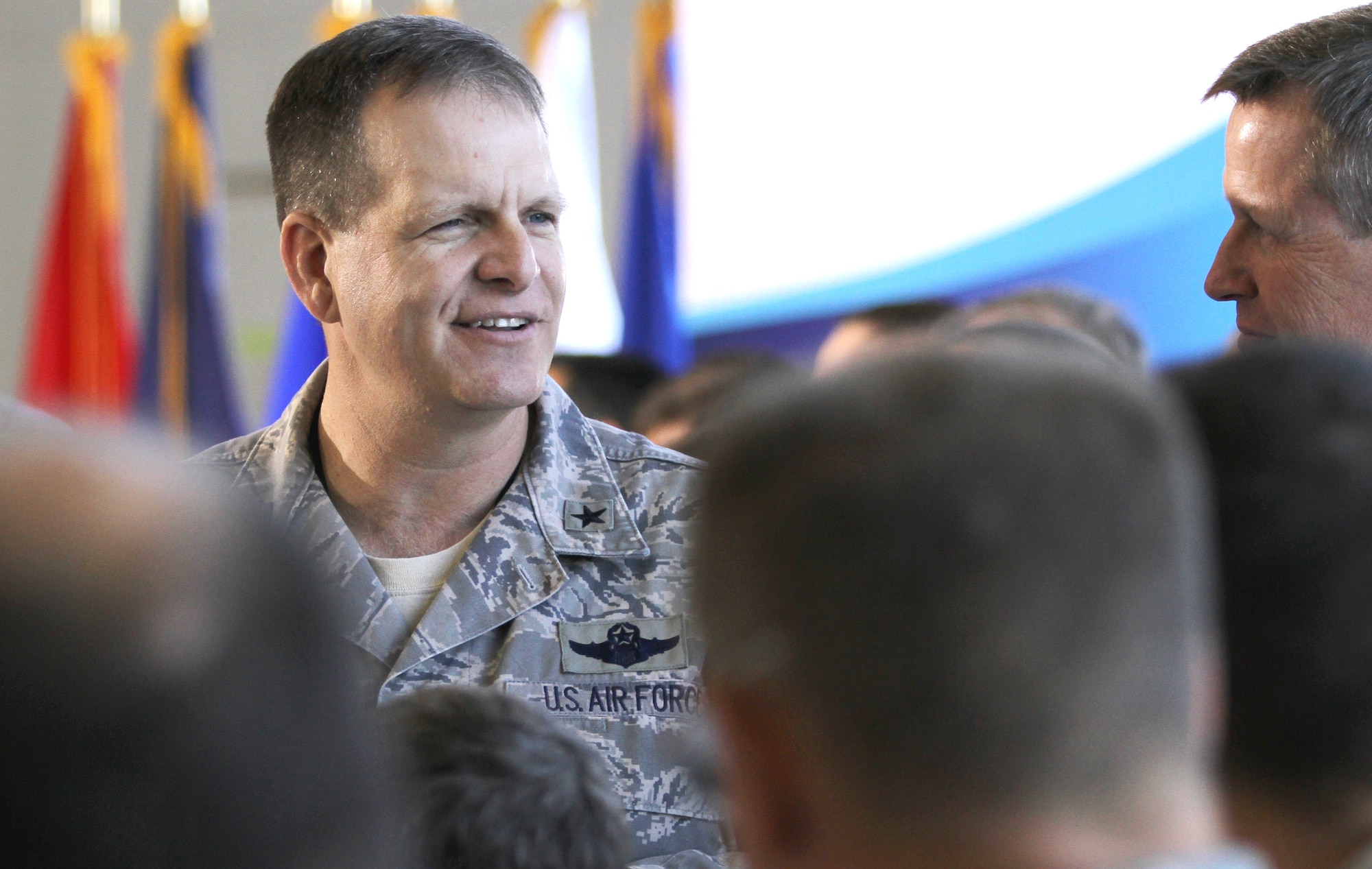 PHOENIX-- Brig. Gen. Michael McGuire, the Adjutant General of Arizona, speaks with members of the 161st Air Refueling Wing Nov. 6, before an Employer Support of the Guard and Reserve event at Sky Harbor International Airport.  (Arizona National Guard photo by Army Sgt. Adrian Borunda)