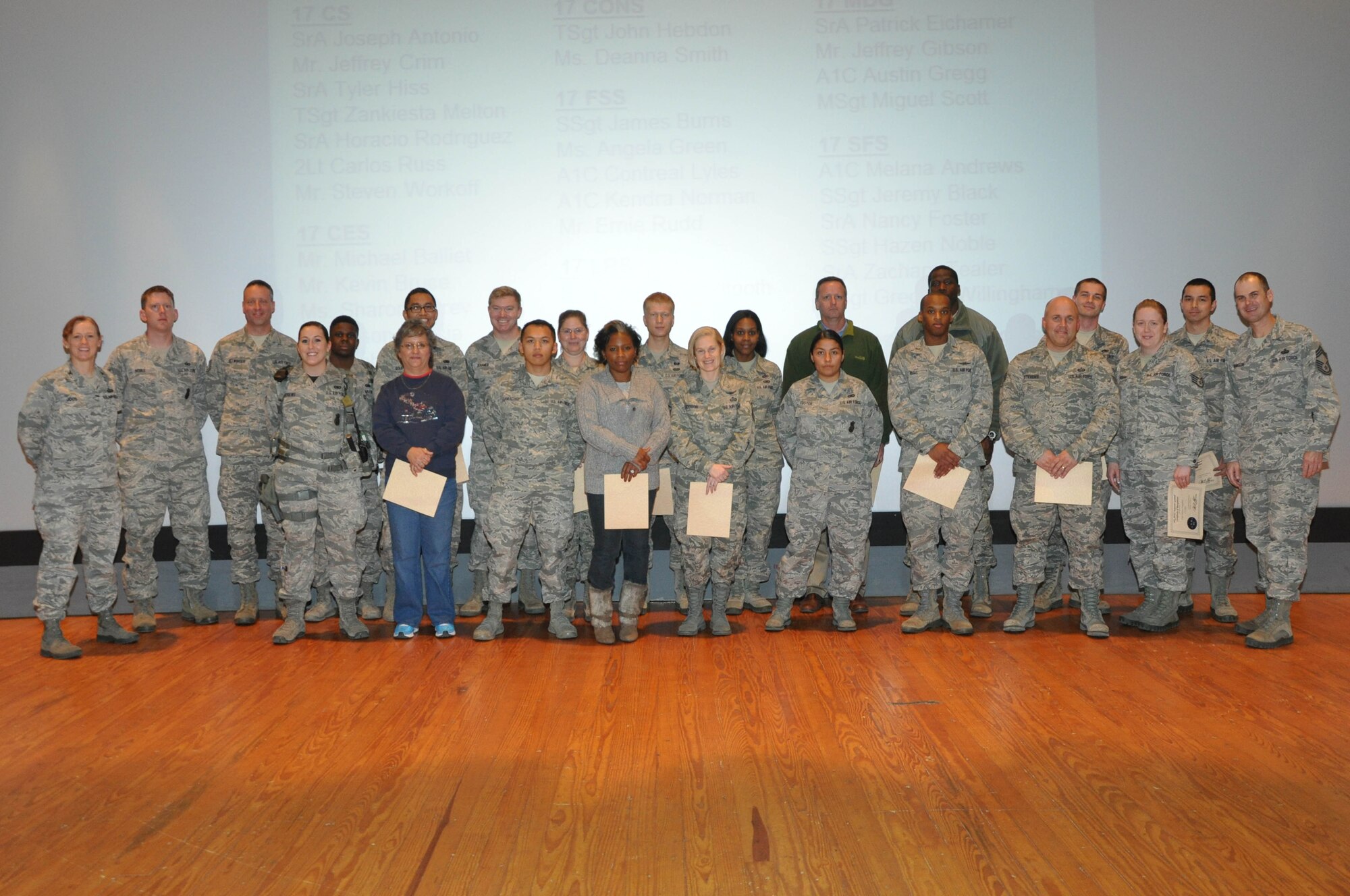 GOODFELLOW AIR FORCE BASE, Texas – Col. Kimberlee Joos , 17th Training Wing Commander, and Chief Master Sgt. Matt Johnson, 17th Training Wing acting Command Chief, stand with the Air and Education Training Command Inspector General Professional Performers at the Event Center during Commander’s Calls Dec. 5. The awardees were recognized for their exceptional performance during the Goodfellow Air Force Base Consolidated Unit Inspection by the Inspector General in November. (U.S. Air Force photo/ Airman 1st Class Breonna Veal)