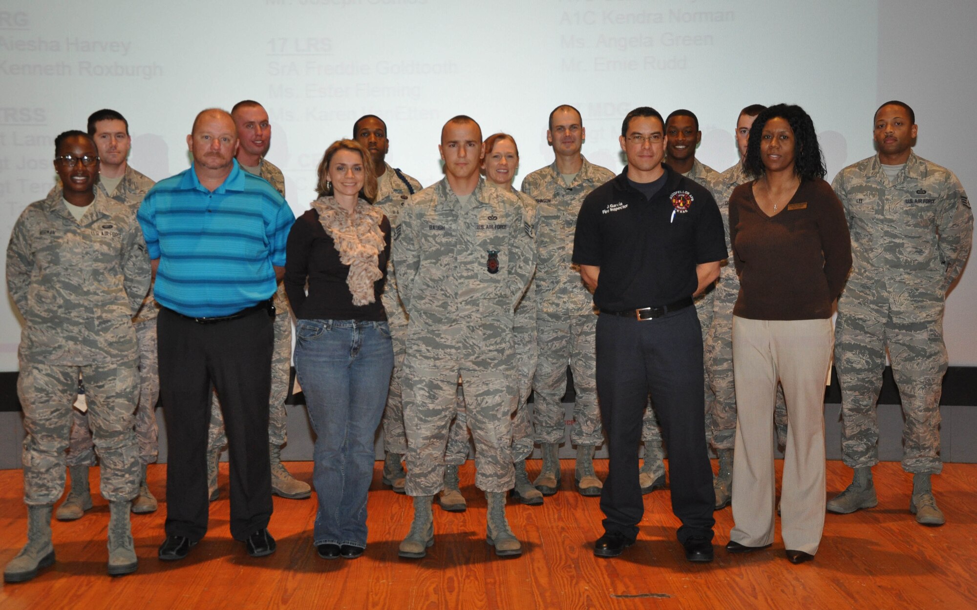 GOODFELLOW AIR FORCE BASE, Texas – Col. Kimberlee Joos , 17th Training Wing Commander, and Chief Master Sgt. Matt Johnson, 17th Training Wing acting Command Chief, stand with the Air and Education Training Command Inspector General Professional Performers at the Event Center during Commander’s Calls Dec. 5. The awardees were recognized for their exceptional performance during the Goodfellow Air Force Base Consolidated Unit Inspection by the Inspector General in November. (U.S. Air Force photo/ Airman 1st Class Breonna Veal)