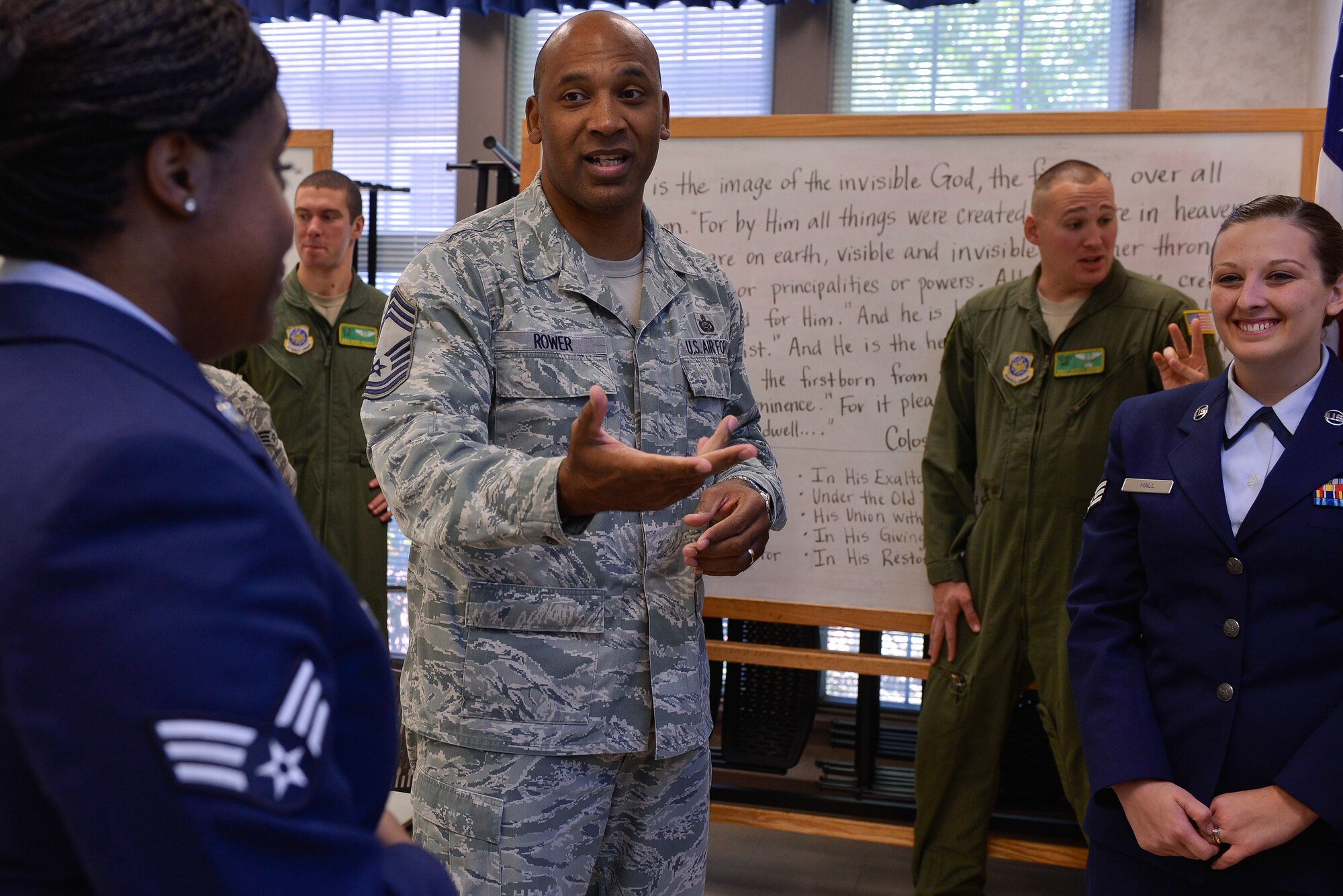 Chief Master Sgt. Eric Rower, the 19th Mission Support Group superintendent, speaks with Airmen during the Airman Leadership School icebreaker luncheon Nov. 13, 2013, at Little Rock Air Force Base, Ark. Rower was leading the Chief to Airman Mentor Program and the luncheon was one of several speaking engagements during the day.   (U.S. Air Force photo by Staff Sgt. Russ Scalf)