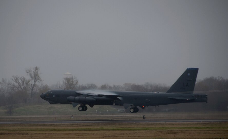 A B-52H Stratofortress executes a minimum interval takeoff from the flightline at Barksdale Air Force Base, La., Dec. 5, 2013. The accelerated launch procedure allows our deterrent force to respond as rapidly as possible when called upon. The long range and versatility of the B-52 make it the weapon of choice for providing deterrence, demonstrating U.S. resolve and combat operations around the world.  (U.S. Air Force photo/Staff Sgt. Amber Corcoran)