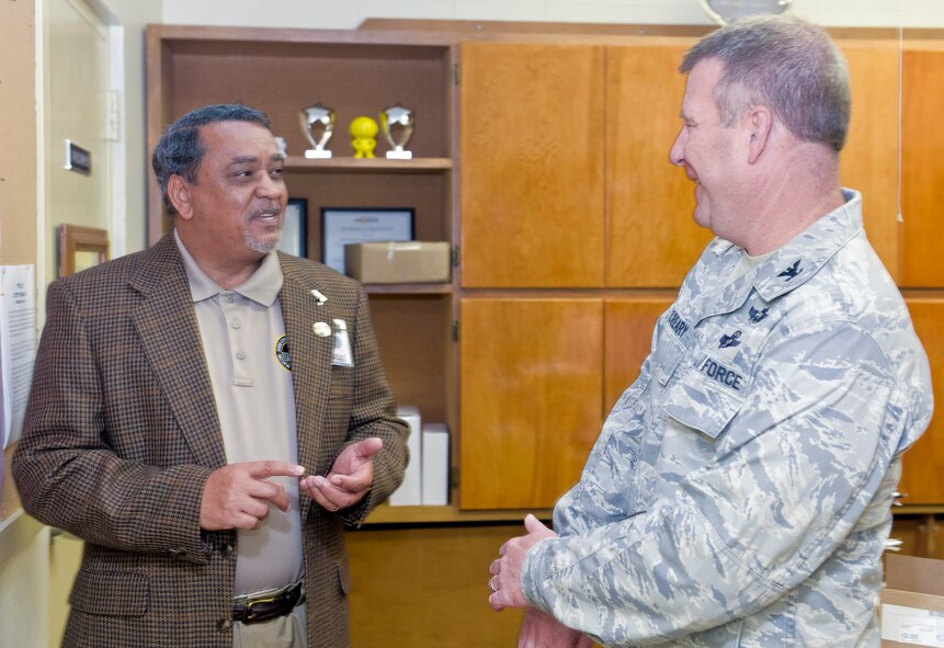 U.S. Air Force Col. Gregory McCreary, 116th Mission Support Group commander, Georgia Air National Guard, speaks with Donald Druitt, Macon-Bibb County Emergency Management Agency (EMA) director, while visiting the EMA for the Georgia National Guard podium week, Macon, Ga., Dec. 5, 2013. Podium week was set up to coincide with the 377th birthday of the National Guard. Leaders from Guard units throughout the state took the opportunity to speak to various community groups about the Georgia National Guard mission and successes.  McCreary, along with Public Affairs personnel from the 116th Air Control Wing (ACW), toured the EMA facility followed by a briefing from the Colonel where he shared information about the Guard and the 116th ACW. (U.S. Air National Guard photo by Master Sgt. Roger Parsons/Released)