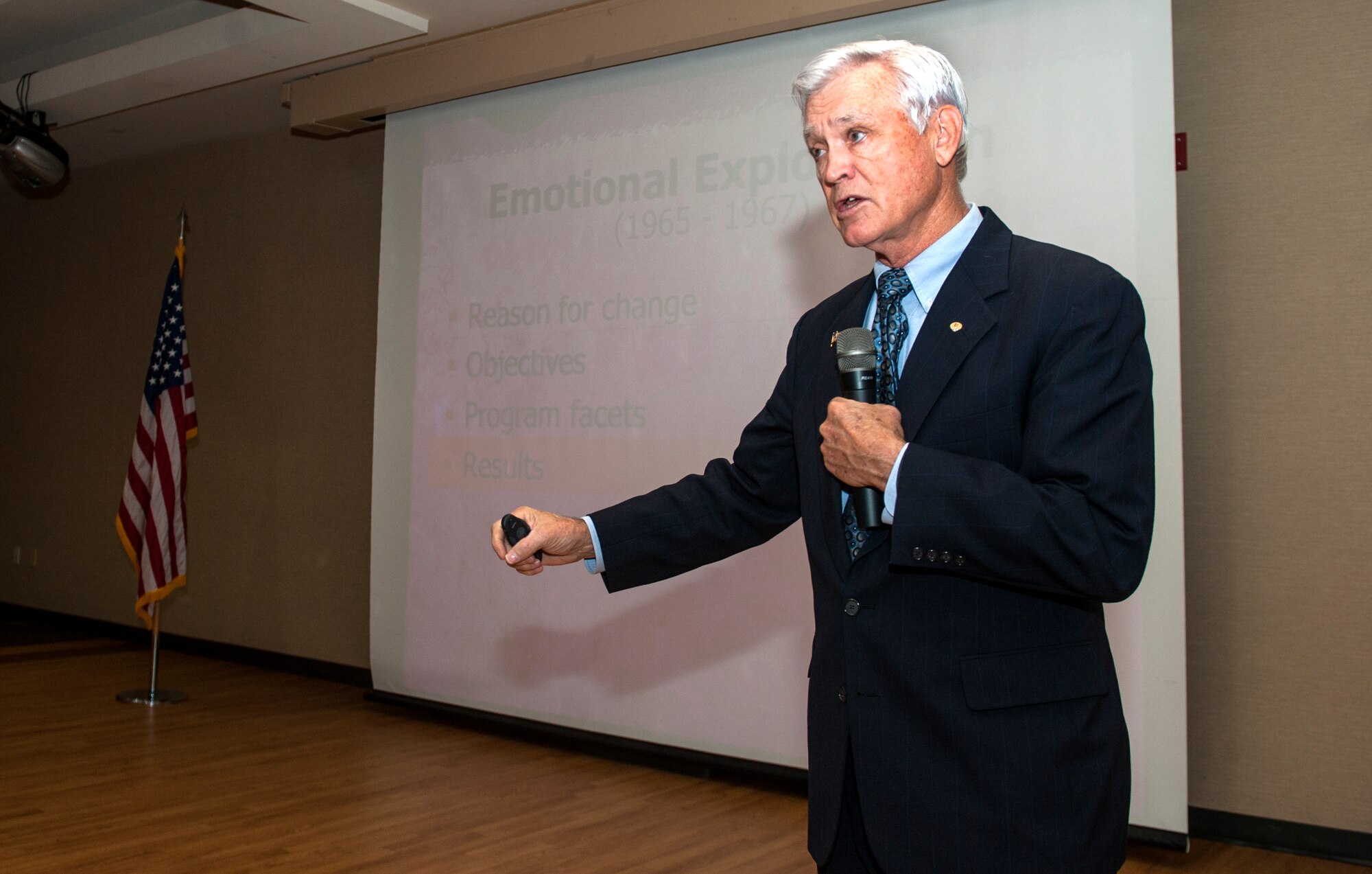 Retired U.S. Air Force Lt. Col. Barry Bridger speaks to Airmen during the 2013 Professional Development Seminar at Moody Air Force Base, Ga., Dec. 4, 2013. During the seminar, Bridger spoke about the importance of strong leadership, even during imprisonment. (U.S. Air Force photo by Senior Airman Jarrod Grammel/Released)
