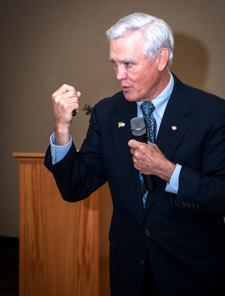Retired U.S. Air Force Lt. Col. Barry Bridger tells Airmen his story of being a prisoner of war in Vietnam during a seminar at Moody Air Force Base, Ga., Dec. 4, 2013. Bridger’s speech about leadership and his experiences was part of the 2013 Professional Development Seminar. (U.S. Air Force photo by Senior Airman Jarrod Grammel/Released)
