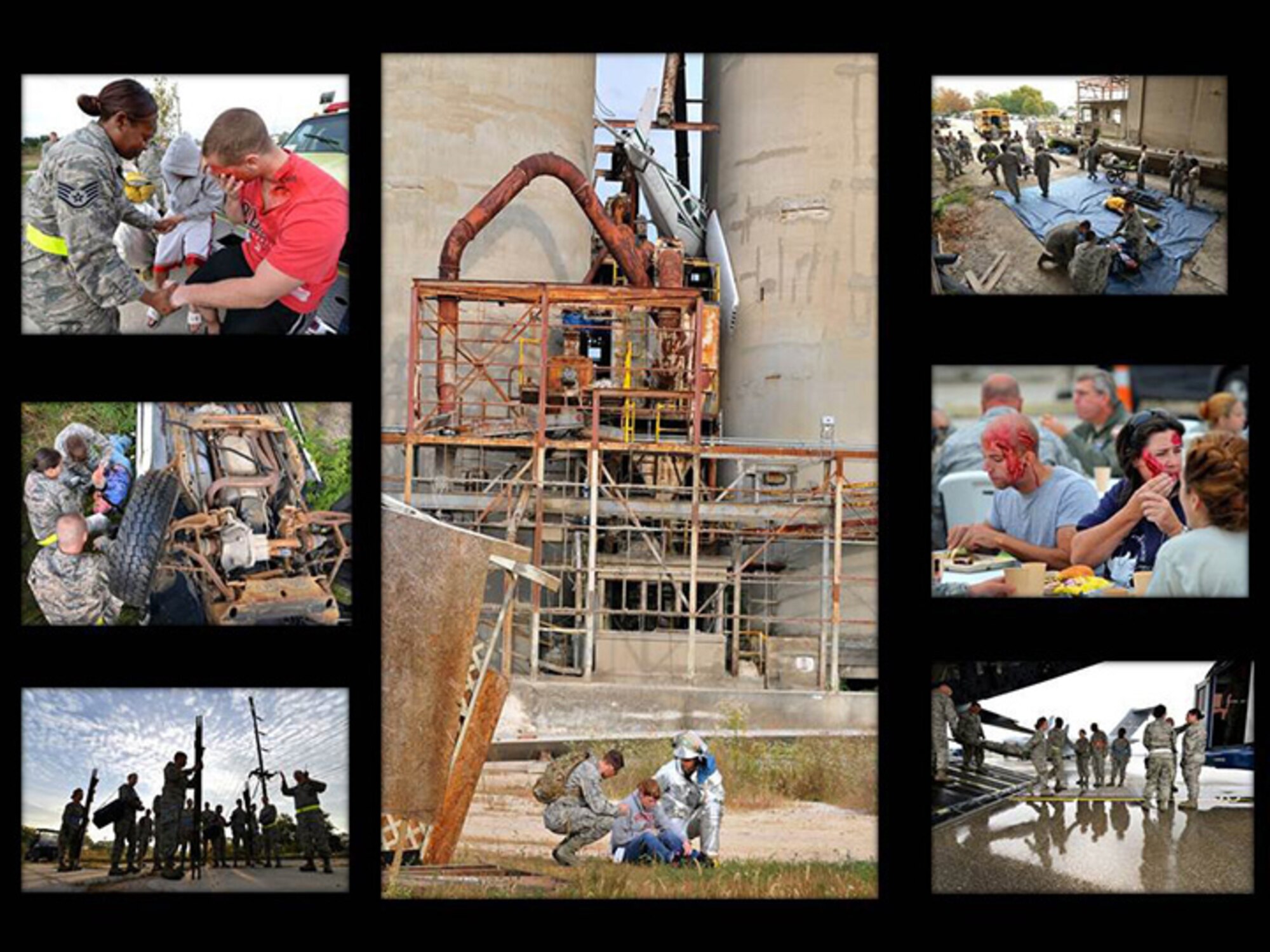 WRIGHT-PATTERSON AIR FORCE BASE, Ohio - The 445th Airlift Wing staged an emergency disaster response training exercise involving approximately 400 people here and at “Calamityville,” a training area located just outside the base in Fairborn, Ohio, Sept. 29. The exercise was designed to ready military and civilian medical professionals to react and work as a team when disaster strikes. Improving efficiency and effectiveness to save lives is the bottom line. (U.S. Air Force photo/Tech. Sgt. Frank Oliver)