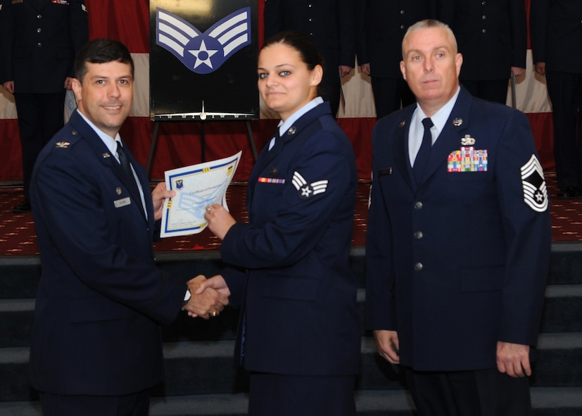 Senior Airman Carolyn Thompson, 2nd Operations Support Squadron, receives a certificate of promotion from Col. Andrew Gebara, 2nd Bomb Wing commander, and Chief Master Sgt. Beau Markin, 2nd Maintenance Group, during the November Wing Promotion Ceremony on Barksdale Air Force Base, La., Nov. 27, 2013. (U.S. Air Force photo/Senior Airman Joseph A. Pagán Jr.)