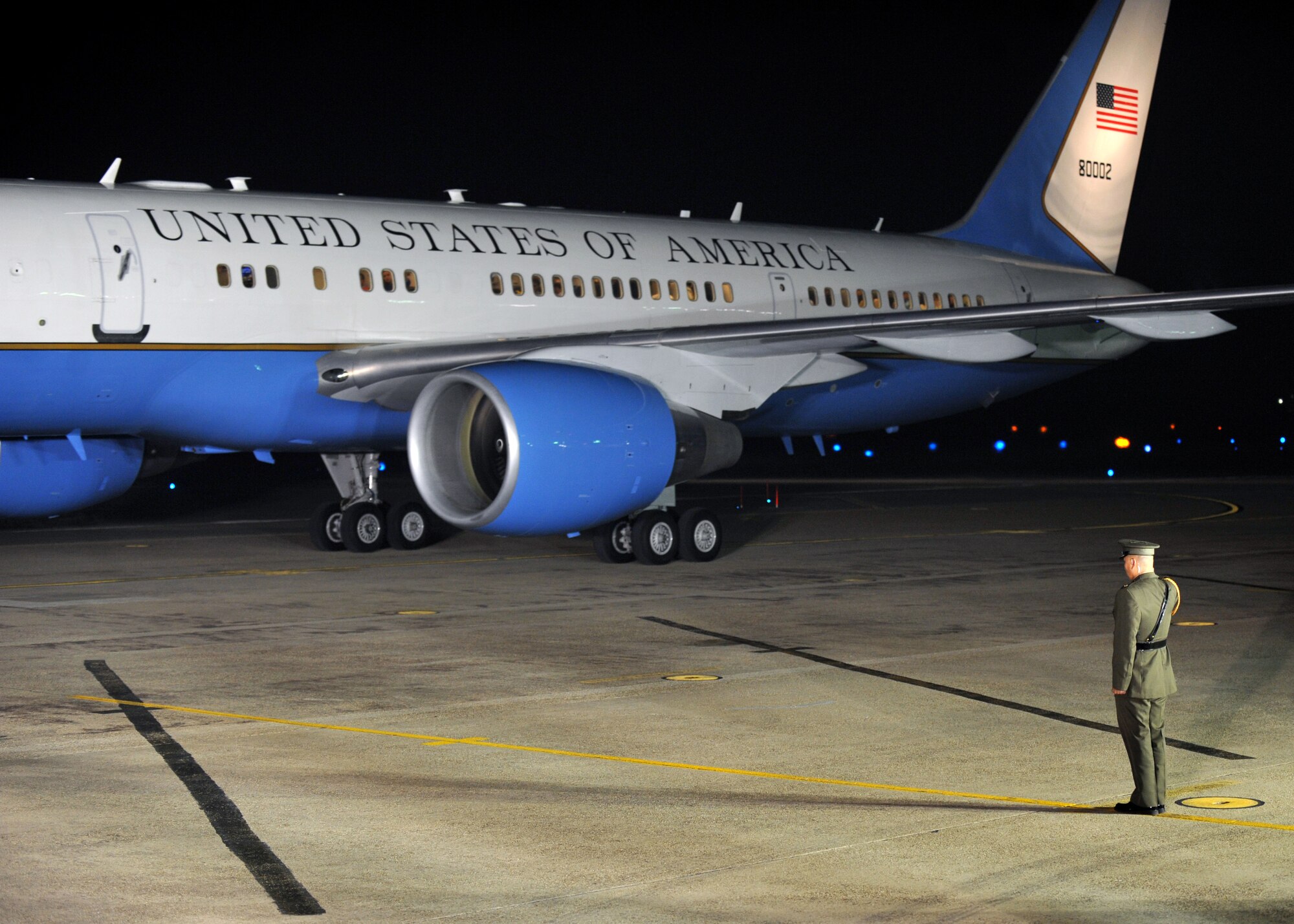 Air Force Two taxis after arriving at Osan Air Base, Republic of Korea, Dec. 5, 2013. U.S. Vice President Joe Biden traveled to Osan while on his way to Seoul to wrap up his visit to Asia, which also included stops in Tokyo and Beijing. (U.S. Air Force photo/Senior Airman Siuta B. Ika)
