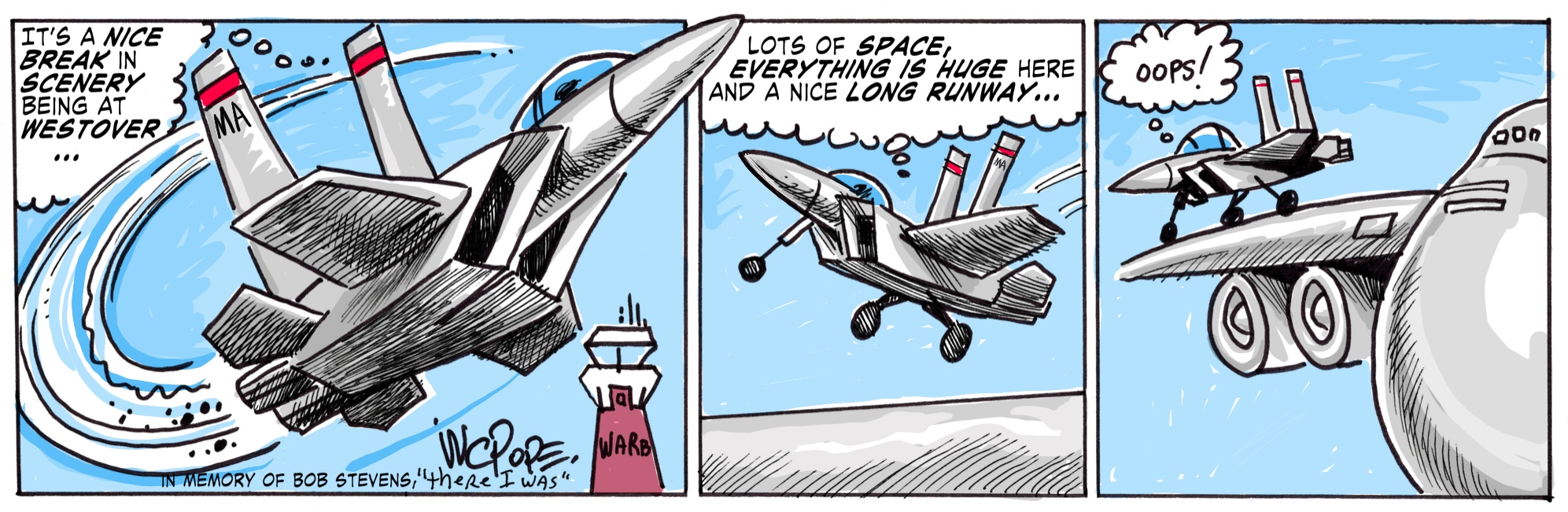 A cartoon created on the contrast in size of the C-5 and the F-15