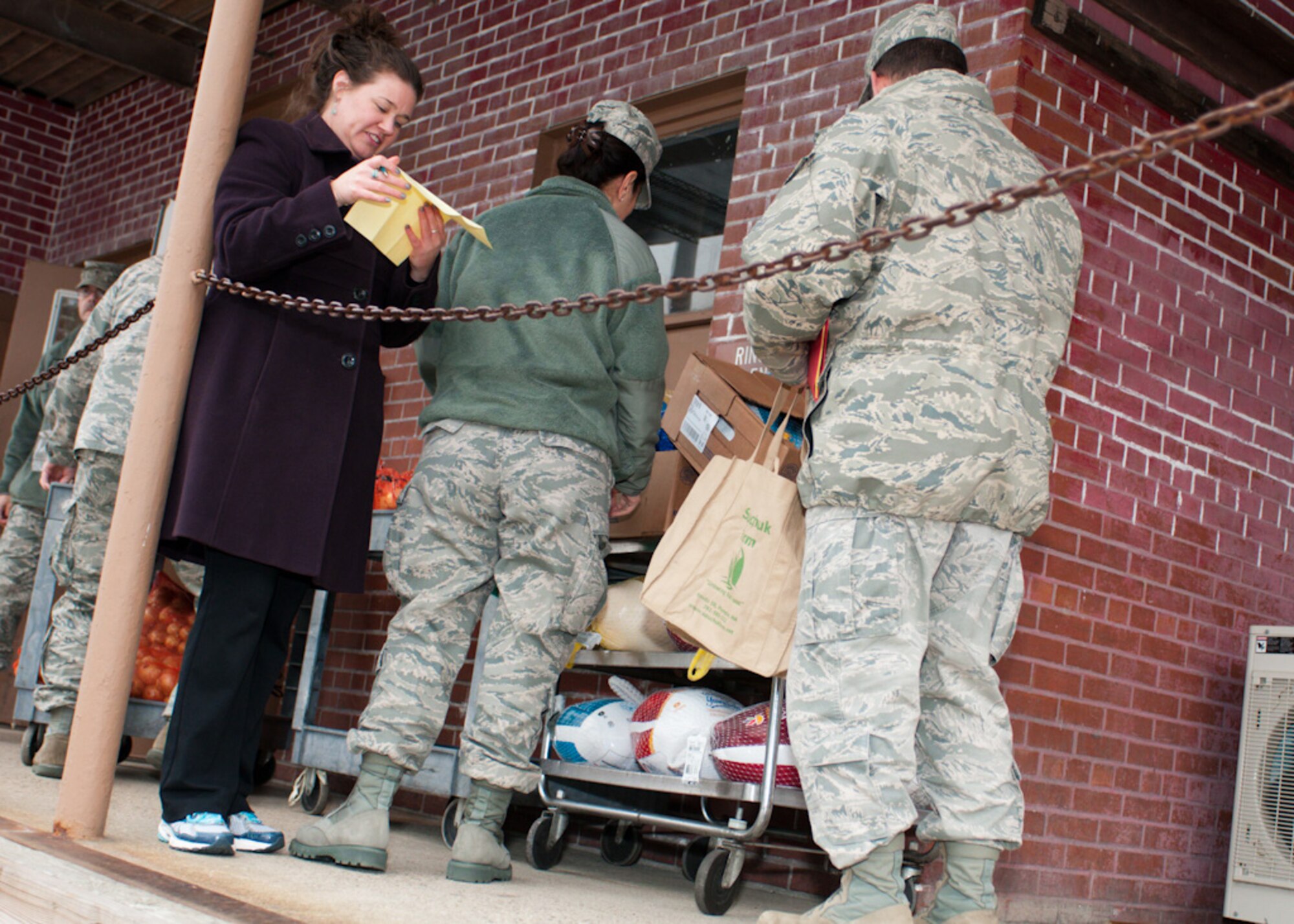 OTIS AIR NATIONAL GUARD BASE, Mass.—More than 35 frozen turkeys and 450 pounds of fresh vegetables were distributed to 102nd Intelligence Wing members on a first come, first served basis here, November 27. 

Thanks to the Falmouth Service center, Otis Civilian Advisory Council, and facilitation by U.S. Coast Guard chaplains, dozens of Airmen were able to obtain a free Thanksgiving turkey, potatoes, carrots and other fixings for their holiday meals at home.

“The more collaboration we have with the other services on Joint Base Cape Cod, the more our Airmen will have opportunities to receive these types of benefits from our community,” said Erin Creighton, Otis Family Programs manager, “We are certainly very thankful for the continuous generosity of our community supporters.”