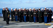 USS NEW YORK - Marines and Sailors pay tribute to 20 Marines and Sailors during a burial-at-sea ceremony on Dec. 5, 2013, aboard USS New York as it heads to its new homeport, Jacksonville, Fla. Among those honored, some served as far back as World War II and as recent as the Global War on Terrorism. Read the story at the following link: http://www.dvidshub.net/news/117821/uss-new-york-changes-home-ports. 