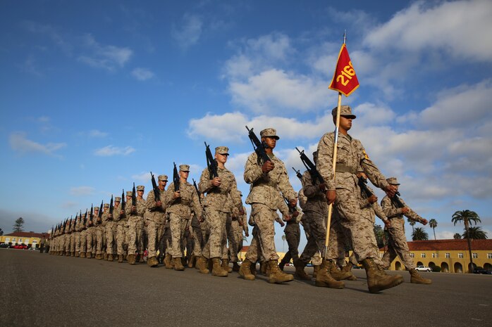 Platoon 2166, Company H, 2nd Recruit Training Battalion, march their last stretch of Final Drill aboard the depot, Nov. 18.  Recruits are taught every drill movement but what they will execute is decided on a random selection of a drill card right before the event begins.